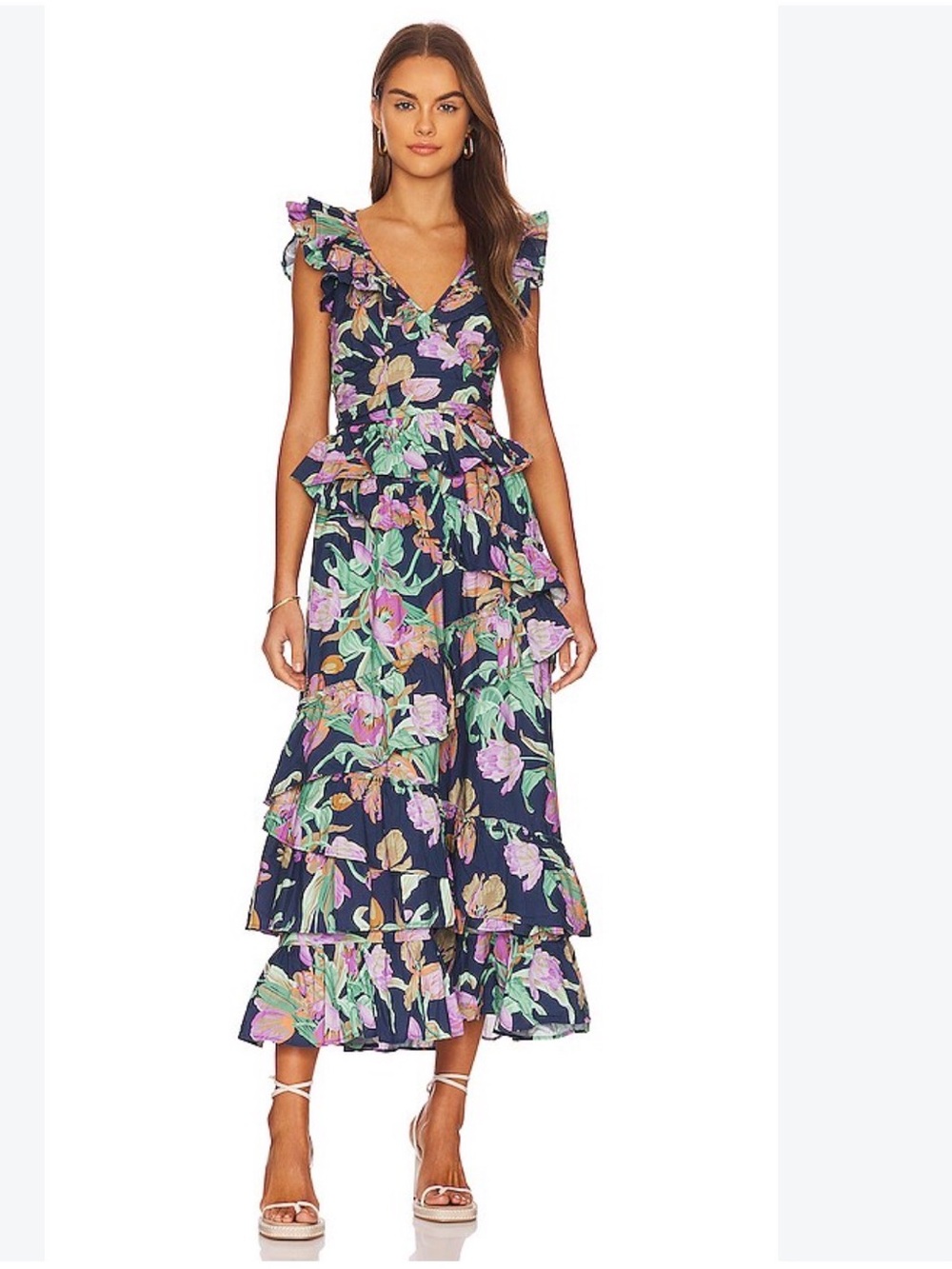 V-Neck Navy Floral Ruffle Midi Dress - Worn Once